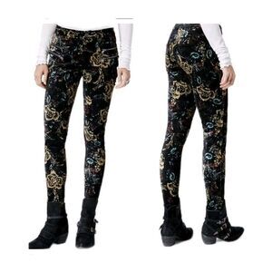 Free People Velvet Floral Print Skinny Jeans Womens Size 12 Black Stretch GUC
